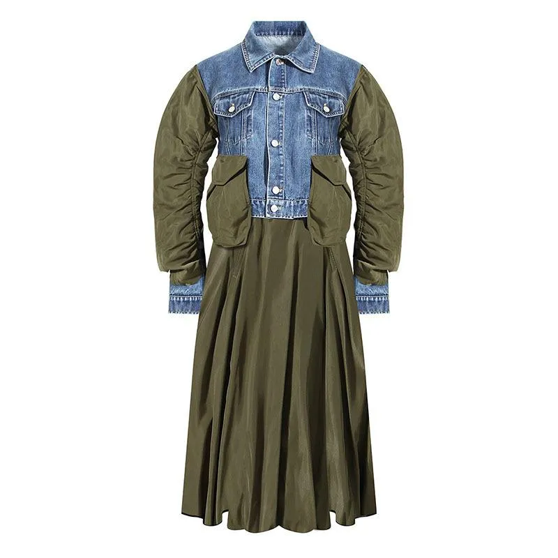 Robes décontractées SeeBeautiful Contraste Couleur Denim Couture Robe Lâche Revers Manches Longues Simple Poitrine Femmes 2023 Printemps Mode Q154