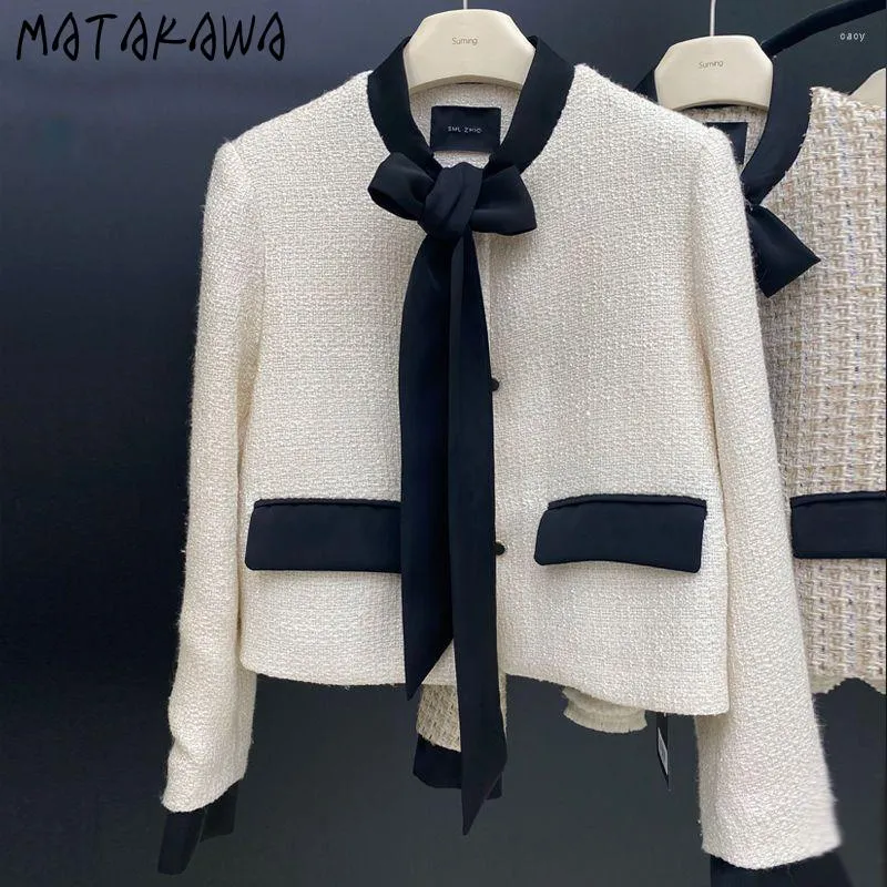 Kadın Ceketleri Matakawa Tweed Kadın Yaylar Zarif Kontrast Renk Sonbahar Kış Paltoları Kore Şık Basit Ofis Lady Chaqueta Mujer