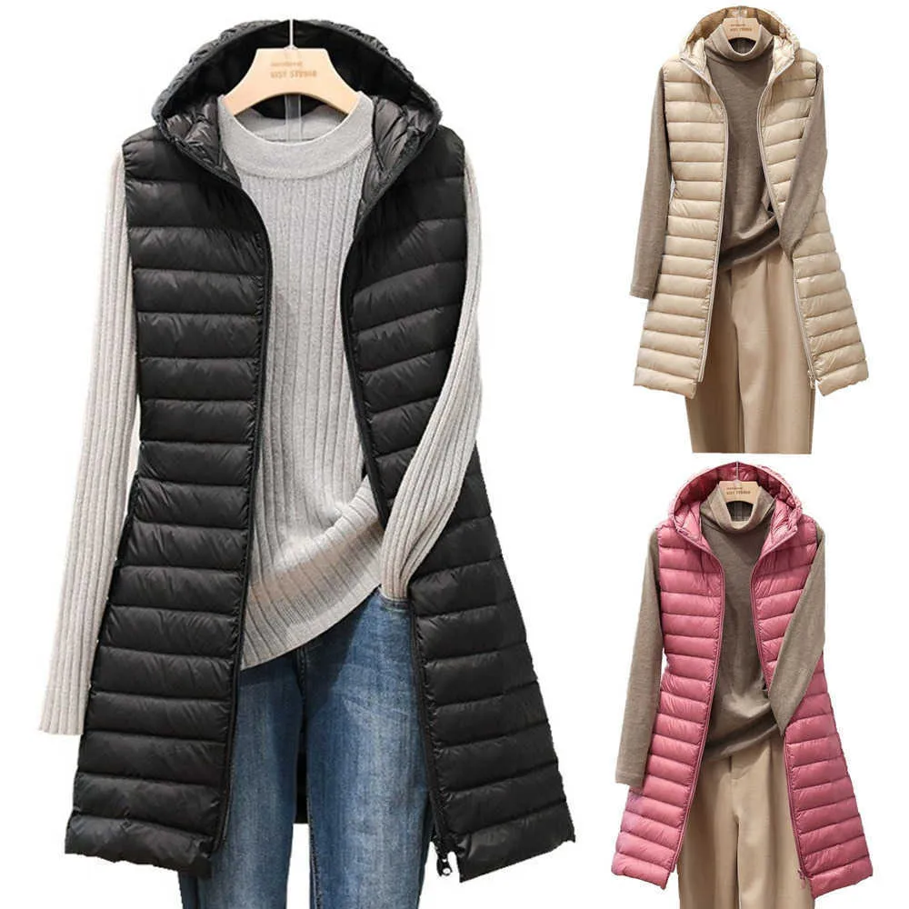 Women's long vest jacket puffer female autumn and winter medium long hooded light down padded jacket waistcoat cotton