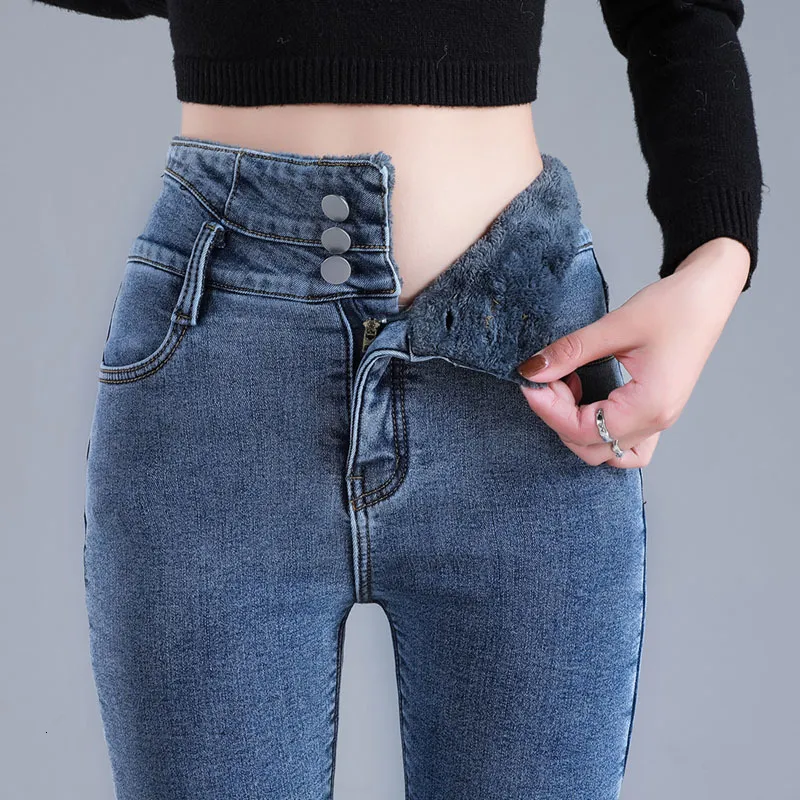 Kvinnors jeans kvinnor termiska jeans vinter snö varm plysch sträcka hög midja jeans lady mager tjockare denim retro blå byxor mamma sexiga byxor 230310