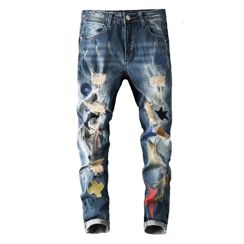 Mäns jeans broderi patch designer rippade stretch blyerts byxor streetwear elastic hip hop fiende män 230309