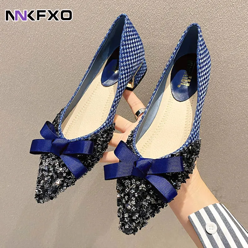 Dress Shoes Glitter Bow Flats Women Autumn Large Size 4243 Shoes Female Sequins Beaded Ballerina Loafers Women LaceBowknot Moccasins 230309