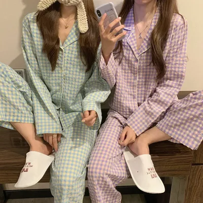 Mulher de sono feminino Caiyier Green Grid Women Pijama Definir estilo coreano Logo Leisure Sleepwear Lowe elástico Pant calma