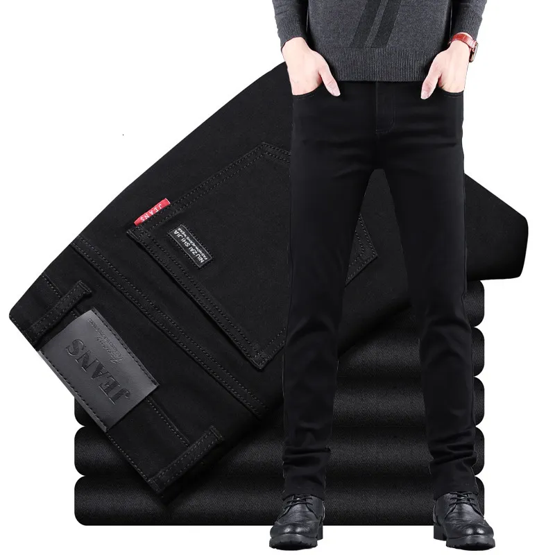 Calça jeans de algodão calça de jeans de negócios de elasticidade casual de tamanho clássico de estilo clássico roupas masculino machos preto azul 230310
