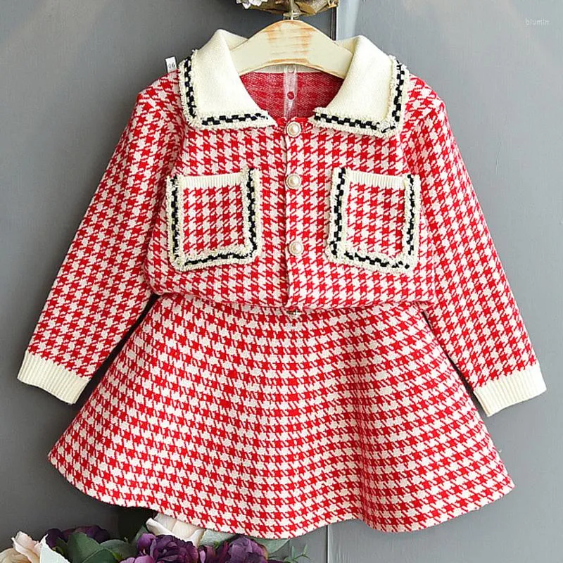 Completi di abbigliamento Neonate Principessa Elegante Maglione Scozzese Giacca Cappotto Gonna Set Bambino Bambini Vestiti Lavorati a Maglia Abiti per Bambini