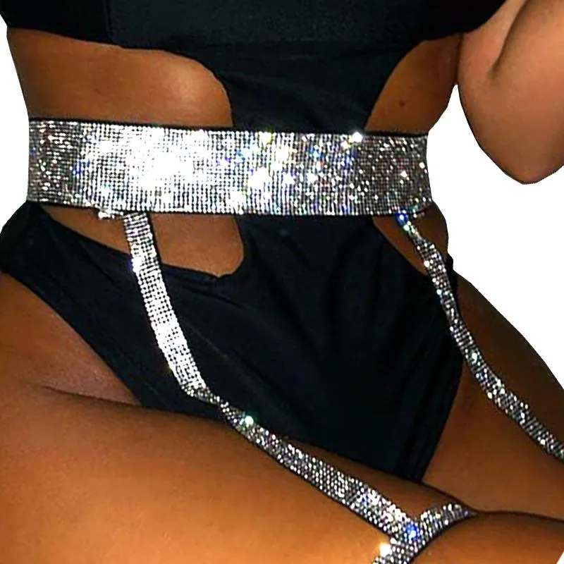 Belts Sexy Rhinestone Crystal Belt Women Party Thigh Garters Leg Band Gothic Stockings Silver Body Bondage Waist BeltBelts