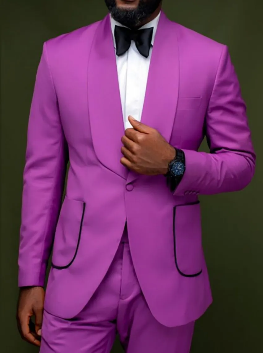 Brand New Purple Groom Tuxedos Châle Revers Hommes De Mariage Tuxedo Mode Hommes Veste Blazer Hommes De Bal Dîner / Darty Costume Veste Pantalon Cravate