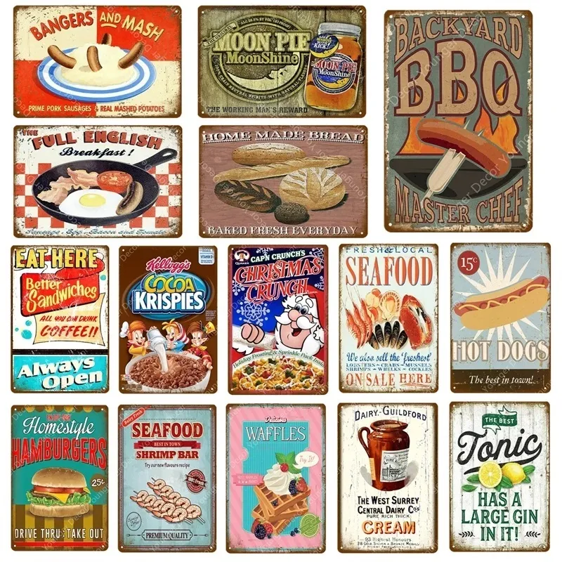 Neues Hot-Food-Kunst-Dose-Poster, BBQ, Mondkuchen, Meeresfrüchte, Hot Dogs, Sahne, Hamburger, Brot, Metallschilder, Vintage-Plakette, Bar, Kneipe, Geschäft, Zuhause, Wand, personalisiertes Dekor, Größe 30 x 20 cm, W02