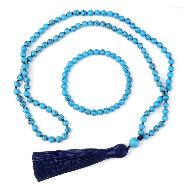 Collana Orecchini Set 108 Perline Mala Donna Uomo Fatto a mano Pietra naturale Meditazione Yoga Bracciale Charms Preghiera Annodata Gioielli di amicizia