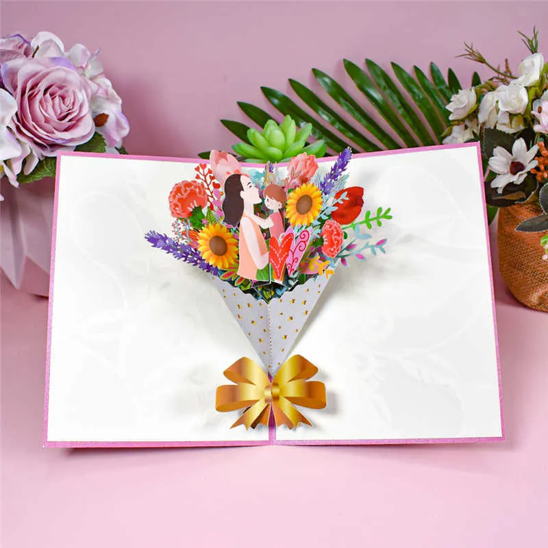 Gift Cards 3D Mothers Day Flower Bouquet Card PopUp Birthday Greeting Cards for Mom from Daughter Son Z0310