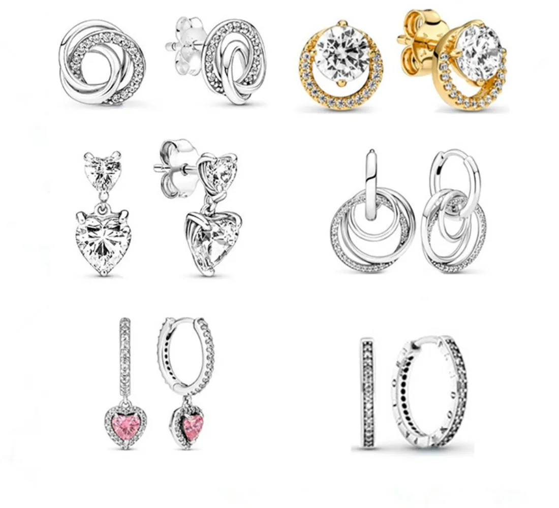 2023 Women's Sterling Silver Pandora Earrings Mother's Day Series Double-heart Shiny Halo Heart-shaped Earrings