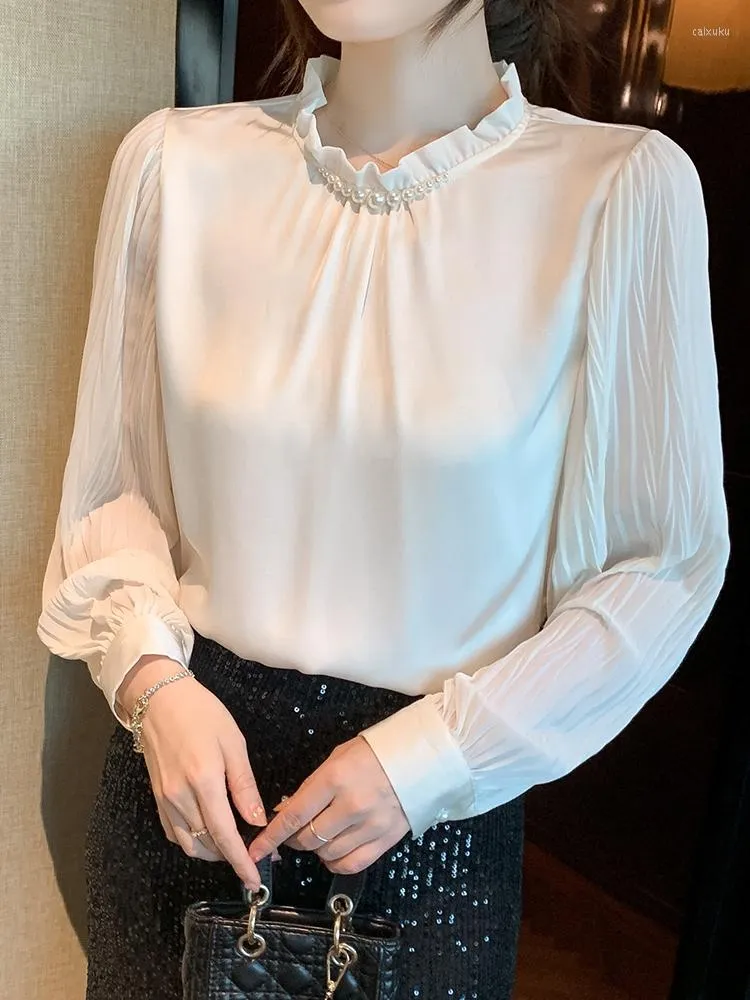 Women's Blouses QOERLIN Beading Pearl Ruffles Stand Collar Beige Chiffon Blouse Spring Summer Thin Shirts Elegant Plain Tops Office Lady
