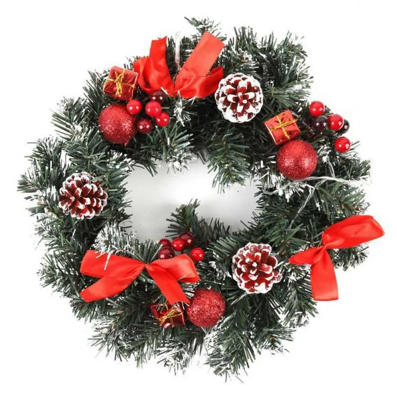Dekorativa blommor kransar jul 40 cm LED -krans med konstgjorda tallkottar bär och semester ytterdörr hängande dekoration dekor p230310 p230310