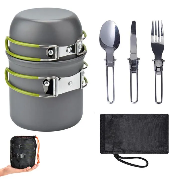 Camping Batterie De Cuisine Portable Randonnée Pique-Nique Batterie De Cuisine Mini Pot Pliable Cuillère Couteau Fourchette Ensembles Camping Vaisselle Pot Pan 1-2Persons En Plein Air Voyage Fournitures YG1229