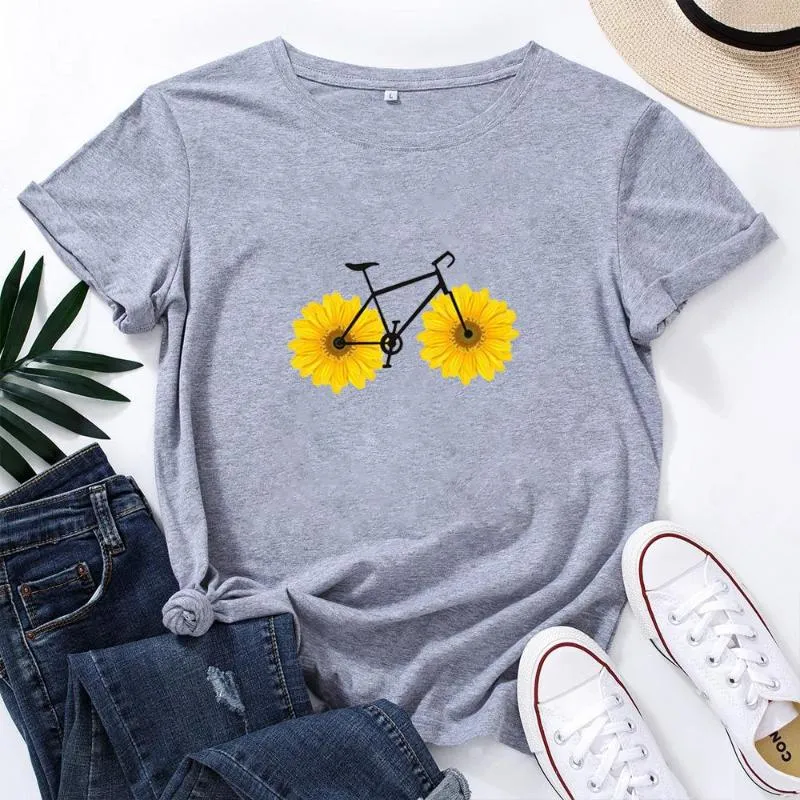 女性のTシャツ自転車印刷女性Tシャツかわいいヒマワリのホイールグラフィックティーシャツfemme短袖ルーズホワイトカミゼータムジェール