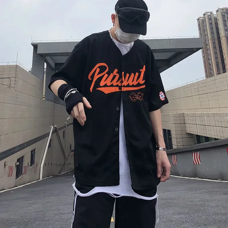Män s casual skjortor män kort ärm vintage mode streetwear kläder hip hop v hals baseball outwear koreansk stil harajuku leisure skjorta 230309