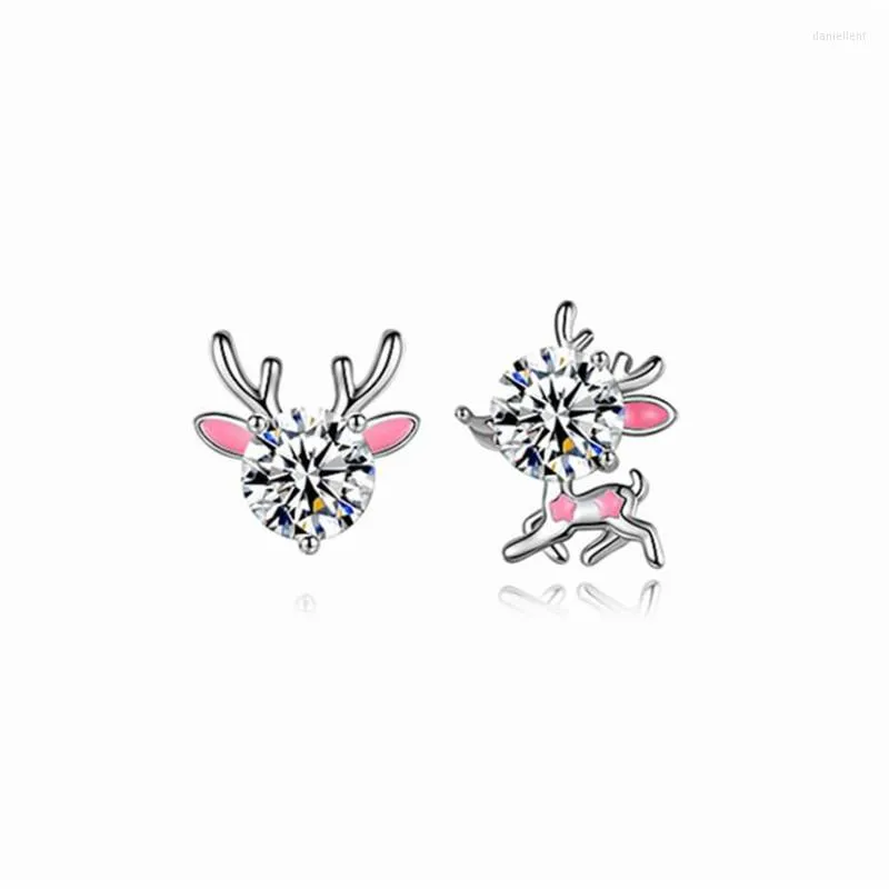 Studörhängen Söt Moissanite Christmas Deer Pink Drip Glaze Zircon Silver Color For Girls Woman Piercing Smycken SE102