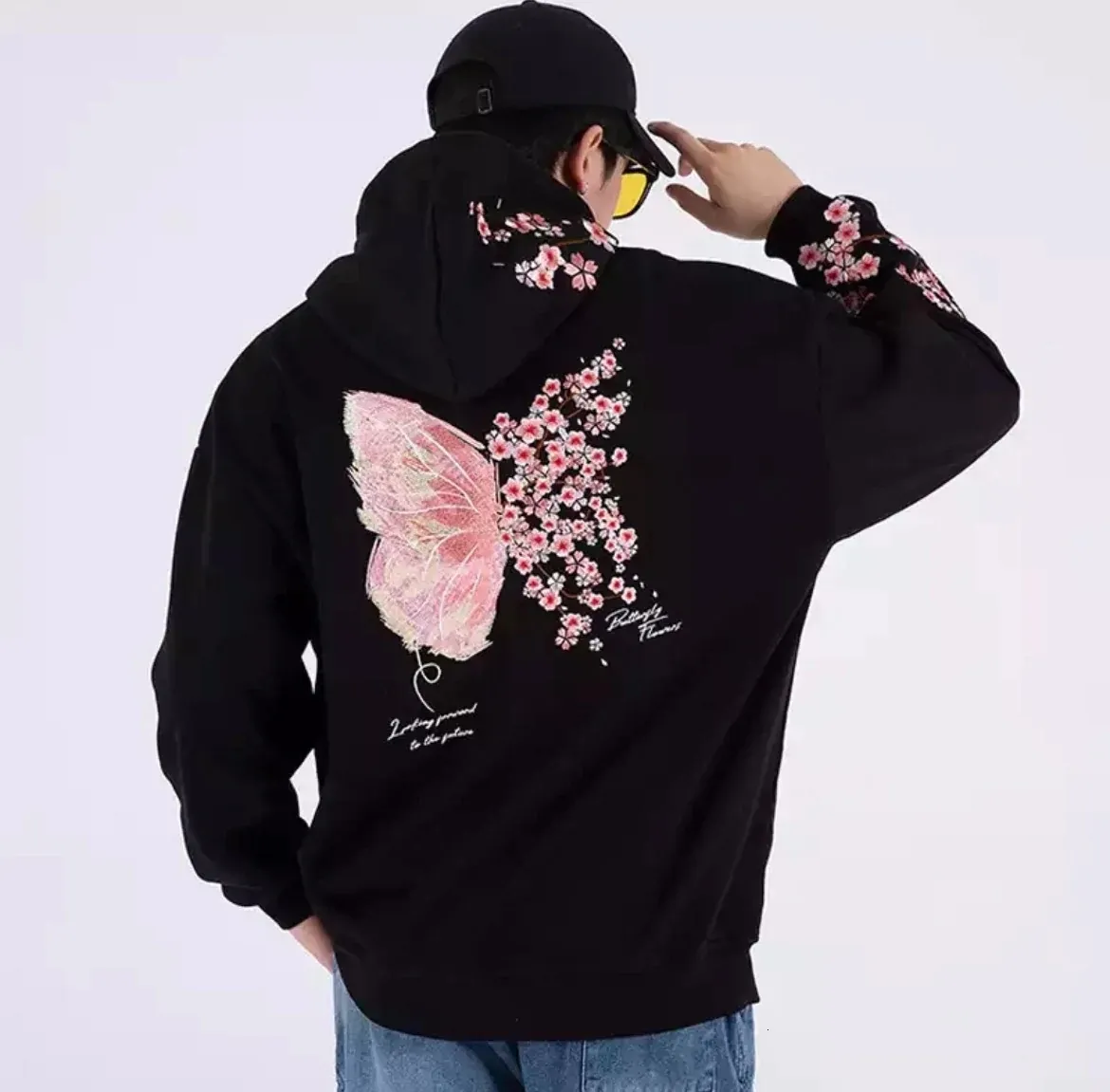 Men's Hoodies Sweatshirts Man Hoodies 100% Cotton Butterfly Embroidery Harajuku Solid Pocket Hooded Sweatshirts Autumn Long Sleeve Loose Chinese 230310