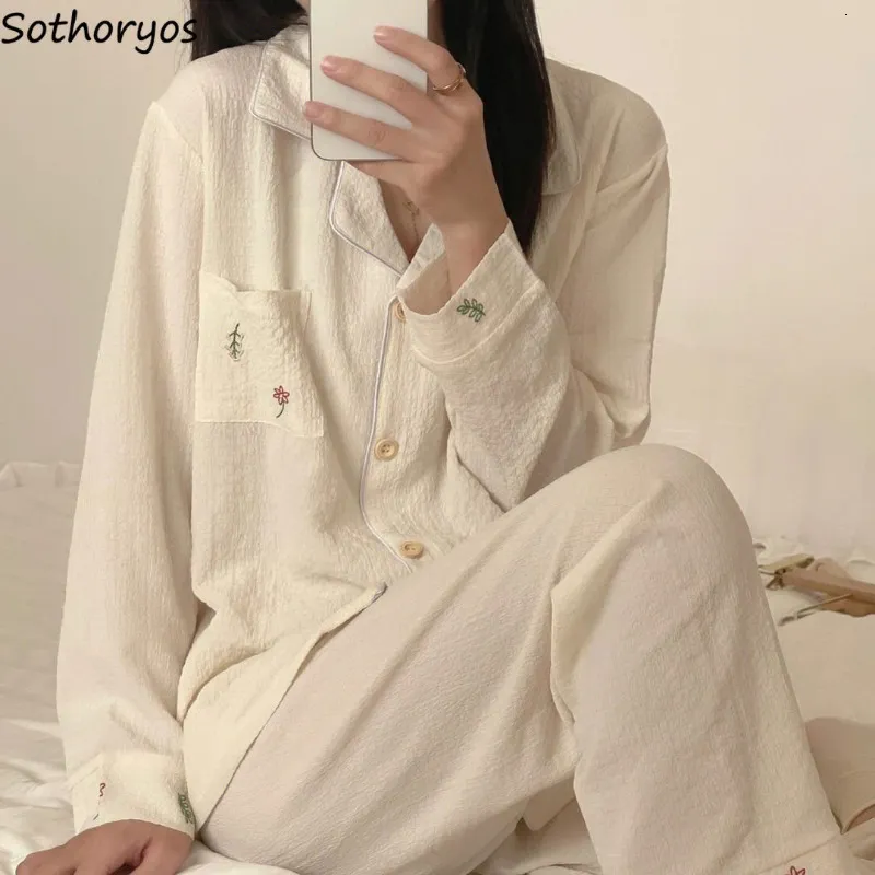 Women's Sleepwear Pajama Sets Women Long Sleeve Minimalist Cozy Fashion Ladies Autumn Nightwear Basic Student Tender Sweet Style Korean Simple 230310