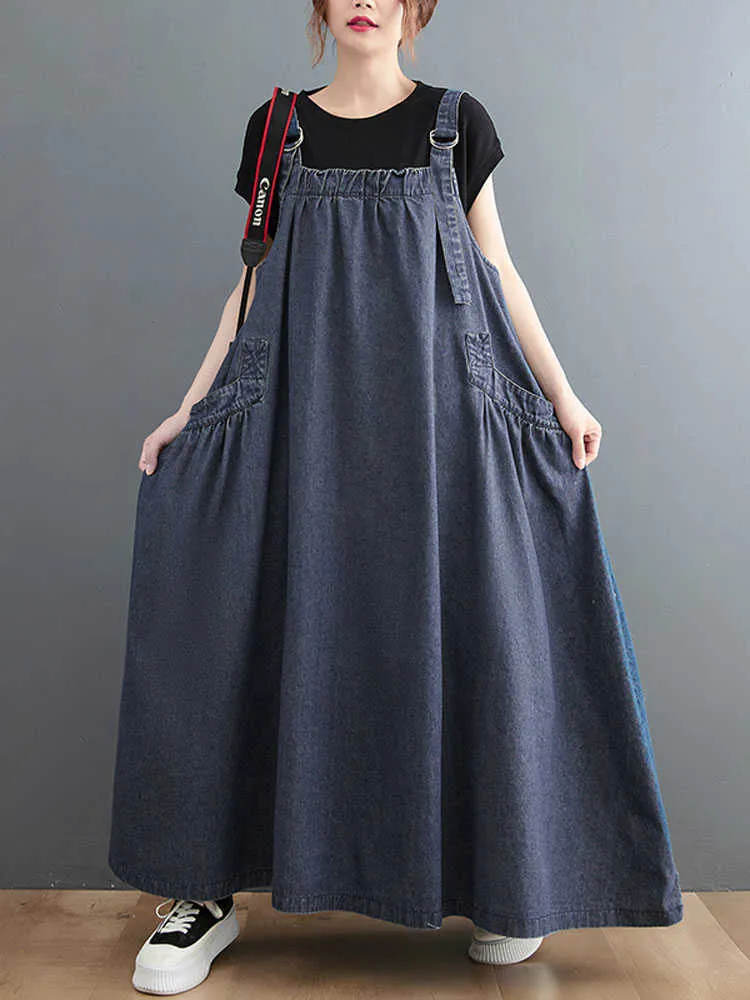 Sıradan Elbiseler 359 İlkbahar Yaz Yeni Kadın Denim Askı Uzun Etek Gevşek Punk Vintage Stil Kargo Kadın Popüler Büyük Salıncak Elbisesi Y2302