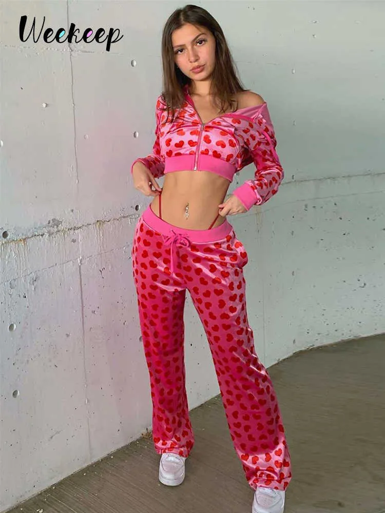 Spodnie damskie Capris Weekeep Pink Y2K Cute Heart Velvet Prosty spodnie uliczne Kobiety koronkowe w otwory w otaczają jesień swobodny sportowy jogger l230310