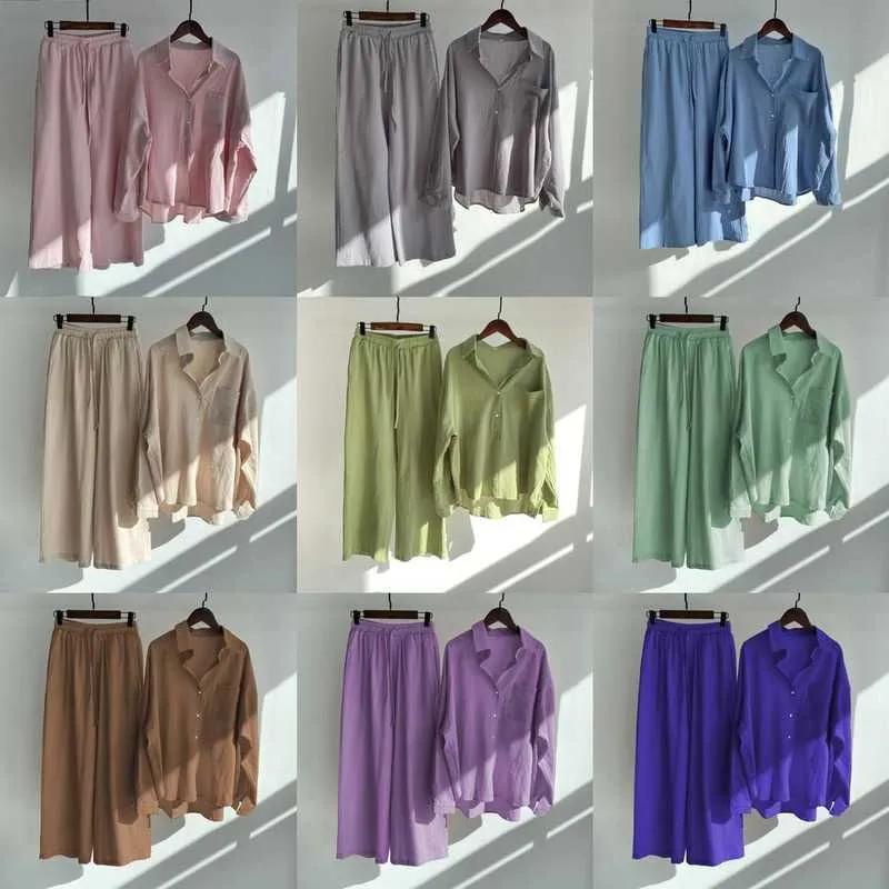 S-5XL Femmes Tracksuits 2022 Automne Cotton Linen Shirt High plus taille pantalon Two Piece