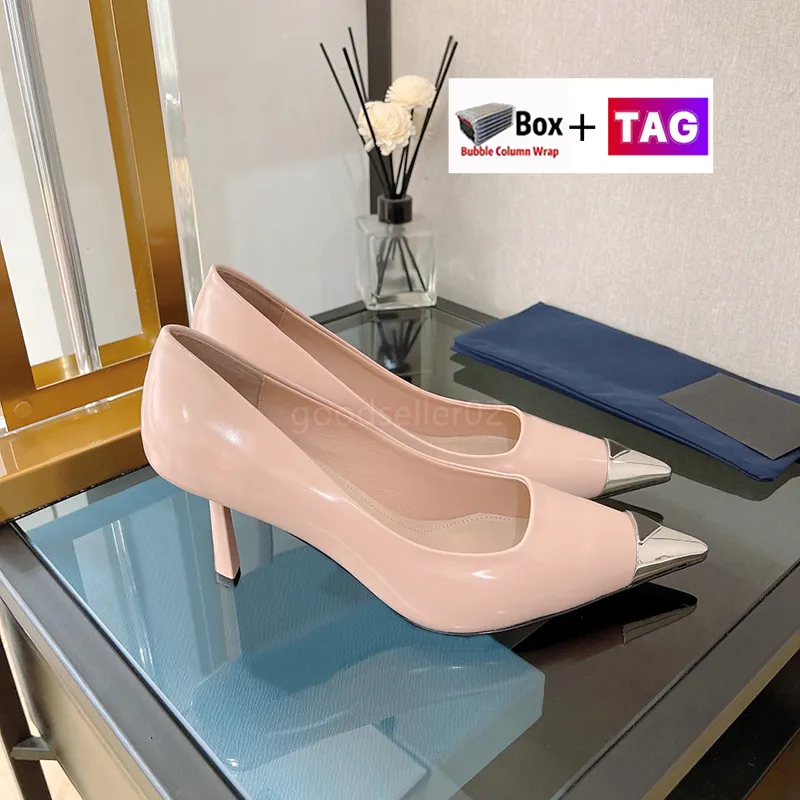Kutu Bayan Elbise Ayakkabıları Moda Logosu Kabartmalı Kap Toe 75mm Yüksek Topuklu Deri Pompalar Lüks Sandalet Leydi Ayakkabı Boyutu 35-39