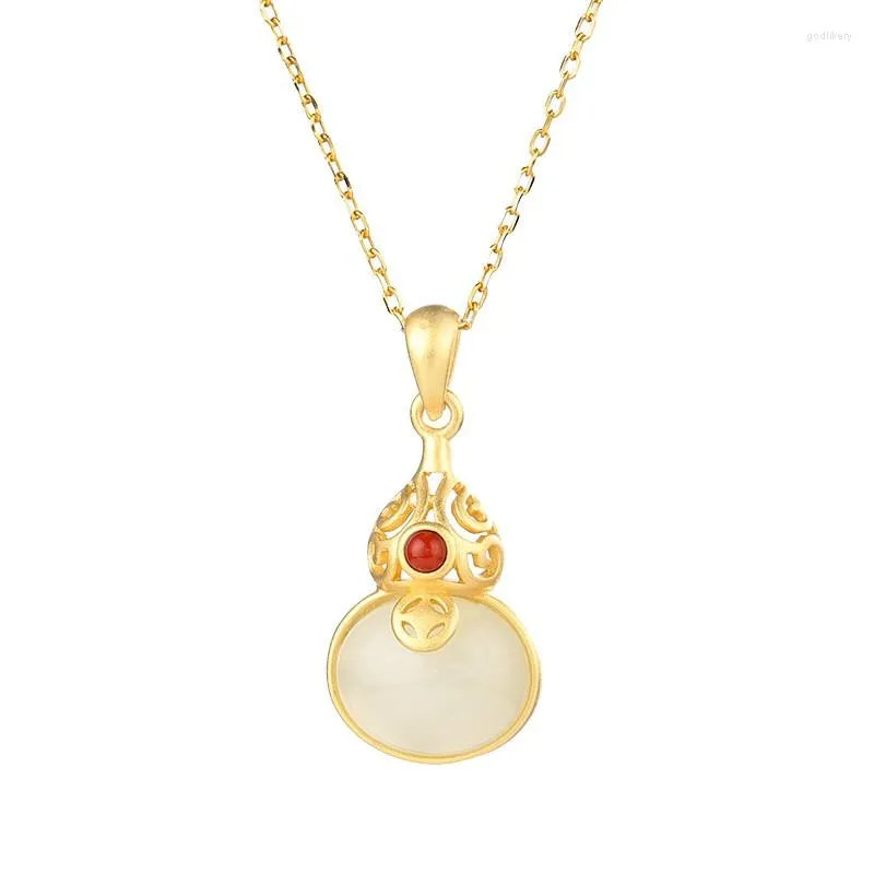 Kedjor XL418ZFSILVER 925 Sterling Silver Fashion Luxury Trend South Red Agate Hetian Jade Gourd Necklace For Women Wedding Girl Jewelry