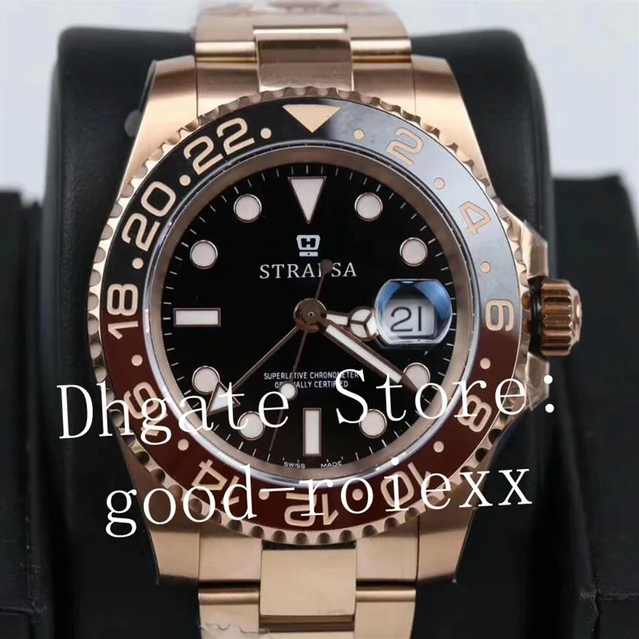 Luxury Rose Gold 904L Steel Watch Mens GM Factory Automatic ETA 2836 Black Brown Bezel Cerachrom Men Chnr Master Pepsi Watches260V