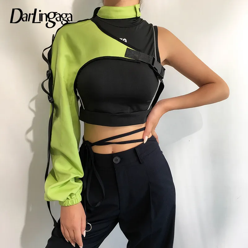 Womens Hoodies Sweatshirts Darlingaga Streetwear Neon Halter Sweatshirt Hoodie Buckle Reflective Smock One Shoulder Holographic Outwear 230310