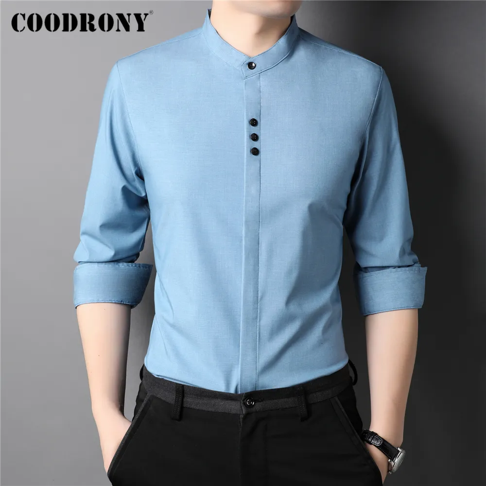 Men s Casual Shirts COODRONY Brand Solid Color Collarless Men Clothing Spring Autumn Arrival Classic Long Sleeve Shirt Male Z6032 230309