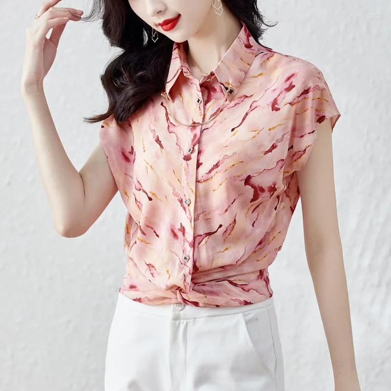 Kvinnors blusar Chikichi Silk Kort ärmskjorta Kvinnor 2023 Summer Korean Style Fashion Doll Collar Ladies Chiffon Top