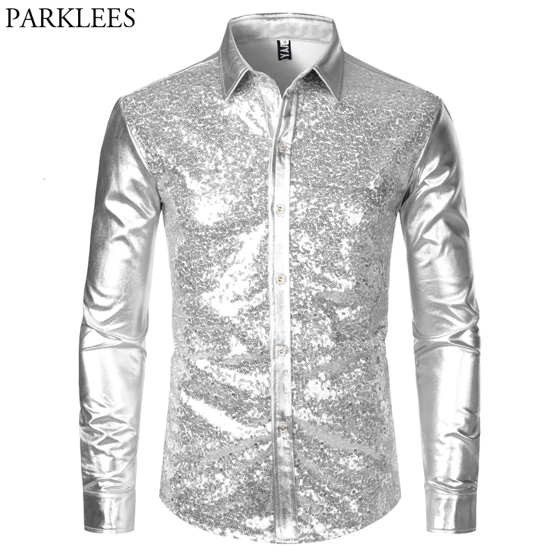 Men's Casual Shirts Silver Metallic Sequins Glitter Shirt Men Party Halloween Costume Chemise Homme Stage Performance Shirt Male 230309