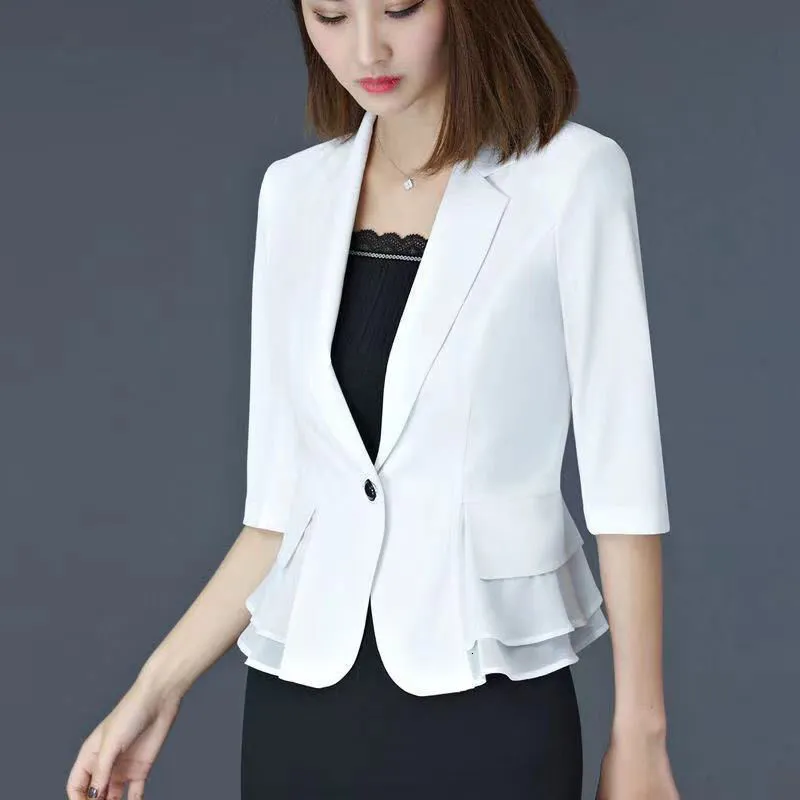 Women's Suits Blazers Three-Quarter sleeve Mesh Professional Blazer OL Jacket Women's Short Design Sense Suit Summer White Sun Protection Coa 230310