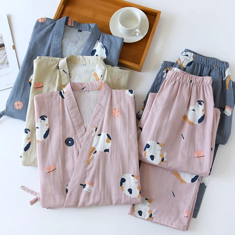 Women's Sleepwear Japanese-style kimono two-piece couple pajamas cover men and women pure cotton gauze cute kitten thin home service plus size 230310