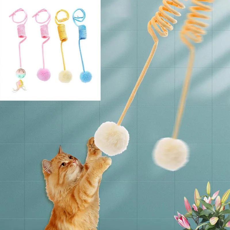 Cat Toys 4Pcs Wool Ball Toy With Bell Soft Plush Teaser Funny Spring Pet Hanging Self-Playing Scratch Rope