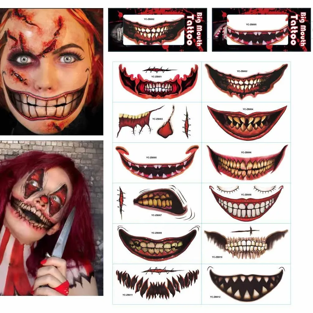 Halloween-Dekoration, großer Mund, Tattoo-Aufkleber, DIY Horror-Lippe, zerkratztes Gesicht, Aufkleber, Dekore, Tag der Toten, Körperkunst, gefälschte Tattoo-Abziehbilder