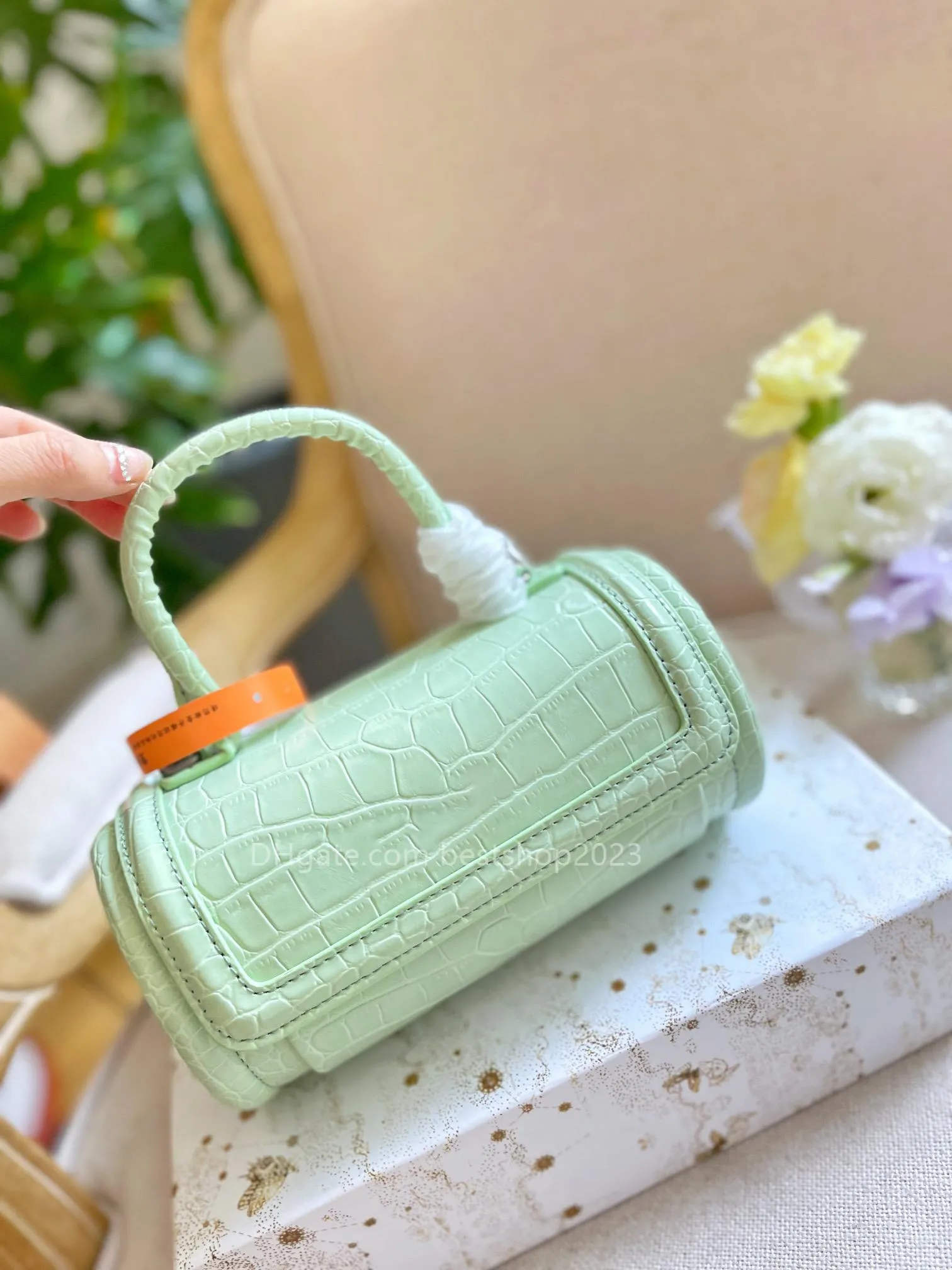 Sac à main de luxe classique pour femmes, sac à bandoulière, sac à baril rond Crocodile vert/blanc/gris/rose/noir 20CM