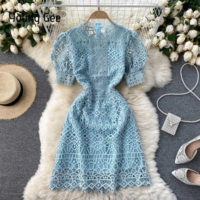 Casual jurken Jonge gee luxe designer Witte vrouwen Hoge taille Elegante Mini Vrouw met korte mouwen Vintage O-Neck Dress Vestidos Mujer Y2302