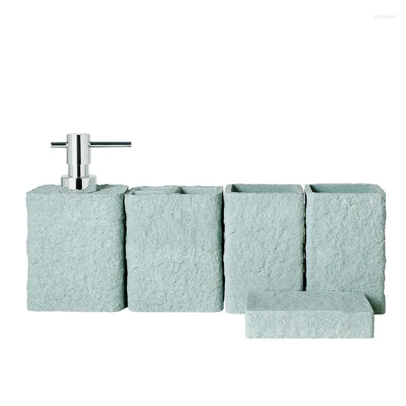 Bath Accessory Set Bathroom 5 Pcs Rock Look Resin Accessories Soap Dispenser Toothbrush Holder Dish Tumblers Deco