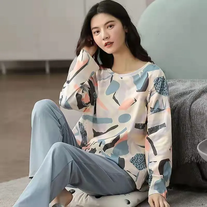 Women's Sleepwear Pure Cotton Pajamas Women's Spring and Autumn Models Long-sleeved Home Service Women's Simple Loose Casual Suit Large Size 5XL 230310