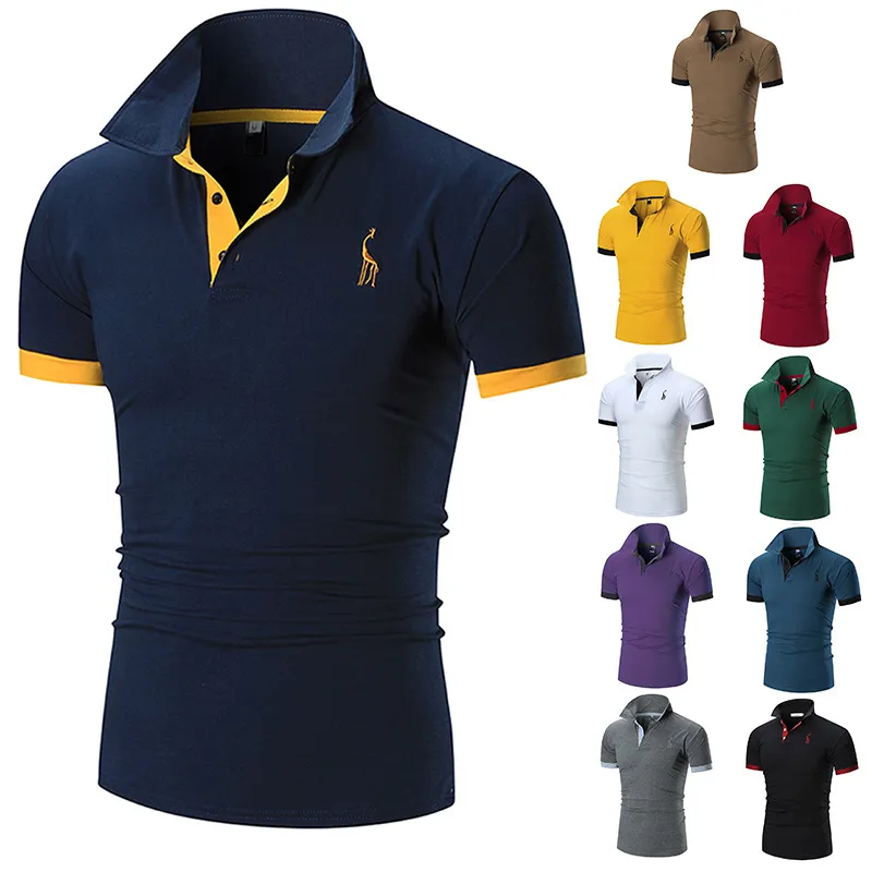 Men Polo Shirts Short Sleeve Color Block Antler Embroidery Work Polo Shirts for Casual Solid Color Slim Fit Mens Polos Summer Fashion