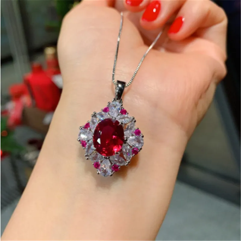Charm Flower Ruby Diamond Jewelry set 925 Sterling Silver Engagement Wedding Rings Earrings Necklace For Women Promise Jewelry