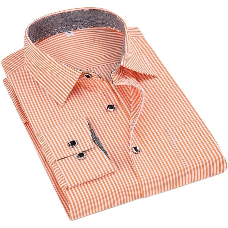 Мужские повседневные рубашки из фирменного хлопка для мужчин, мужское платье в полоску с длинными рукавами, деловой оранжевый, красный, серый, синий, стандартный крой 230309