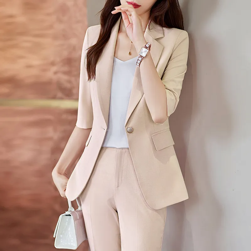 Women's Suits Blazers Spring Summer Half Sleeve Formal OL Styles Professional Business Work Wear Pantsuits Trousers Set Office Uniform Blazers 230310