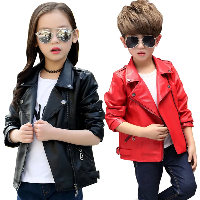 Jackor Spring Autumn Red Black Kids Boys Girls Leather Coat for Children Pu Cool Solid Fshion Full Ytterkläder 230310