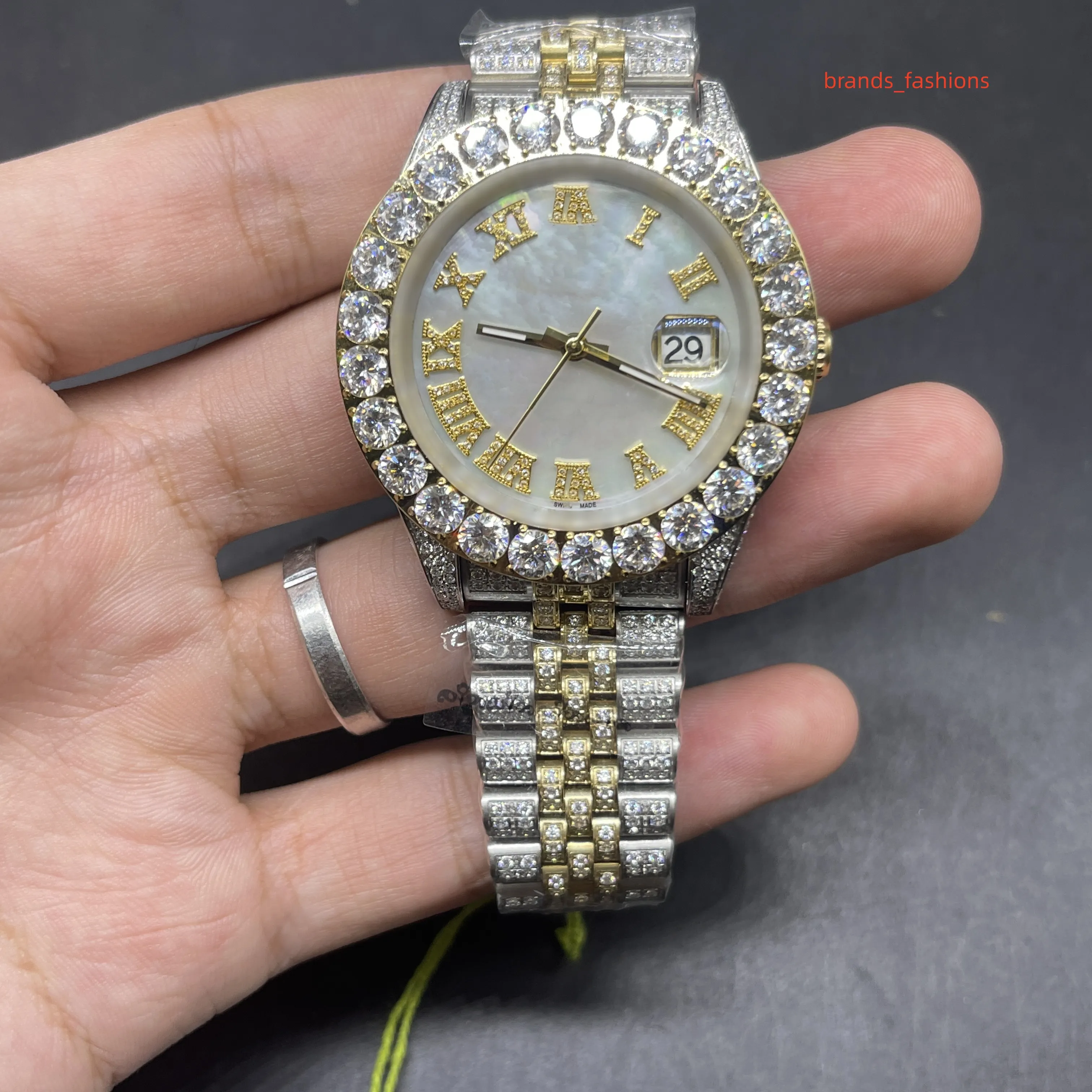 ZESTAW ZESTAW PEŁNEGO DIAMENTOWE WAKTY SLERNEGO Złote Diamond zegarek ze stali nierdzewnej zegarek Roman Diamond Scale Top Automatyczne zegarek