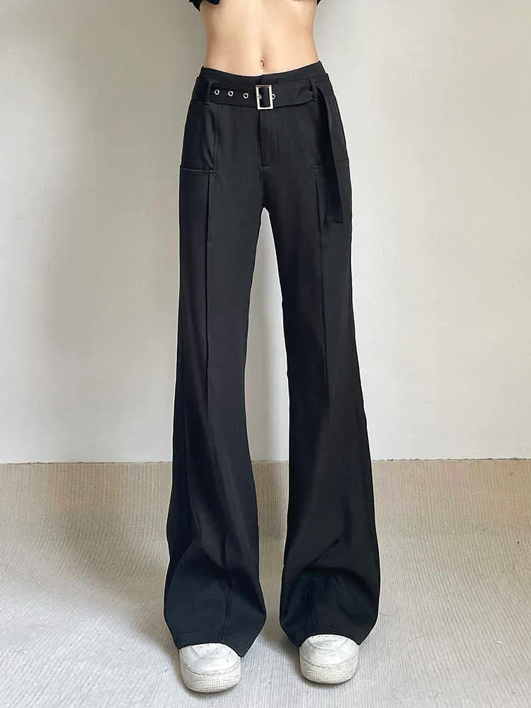 Women's Pants Capris Weekeep Casual Suit Pants Belt Low Rise Baggy Flared Sweatpants Women Streetwear Black Trousers Korean Fashion Office Ladies y2k L230310