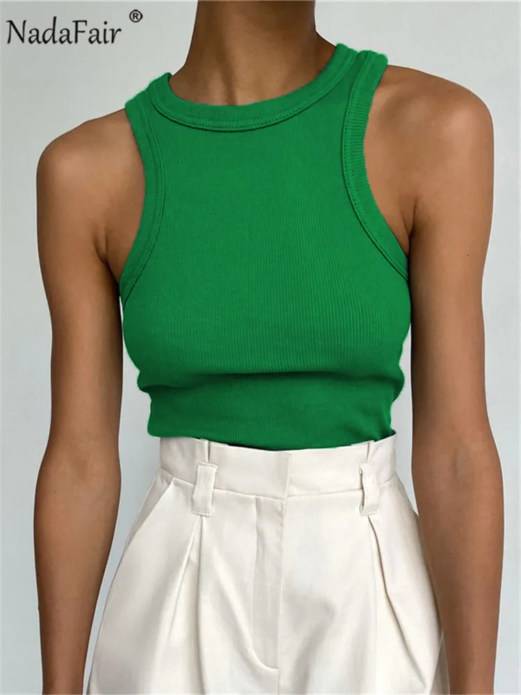 Women's Tanks Camis Nadafair O Neck Ribber Tank Top Green Sleeveless Sexy Stretch Knit Tube Summer Tops Female Off Shoulder White Basic Shirts 230310