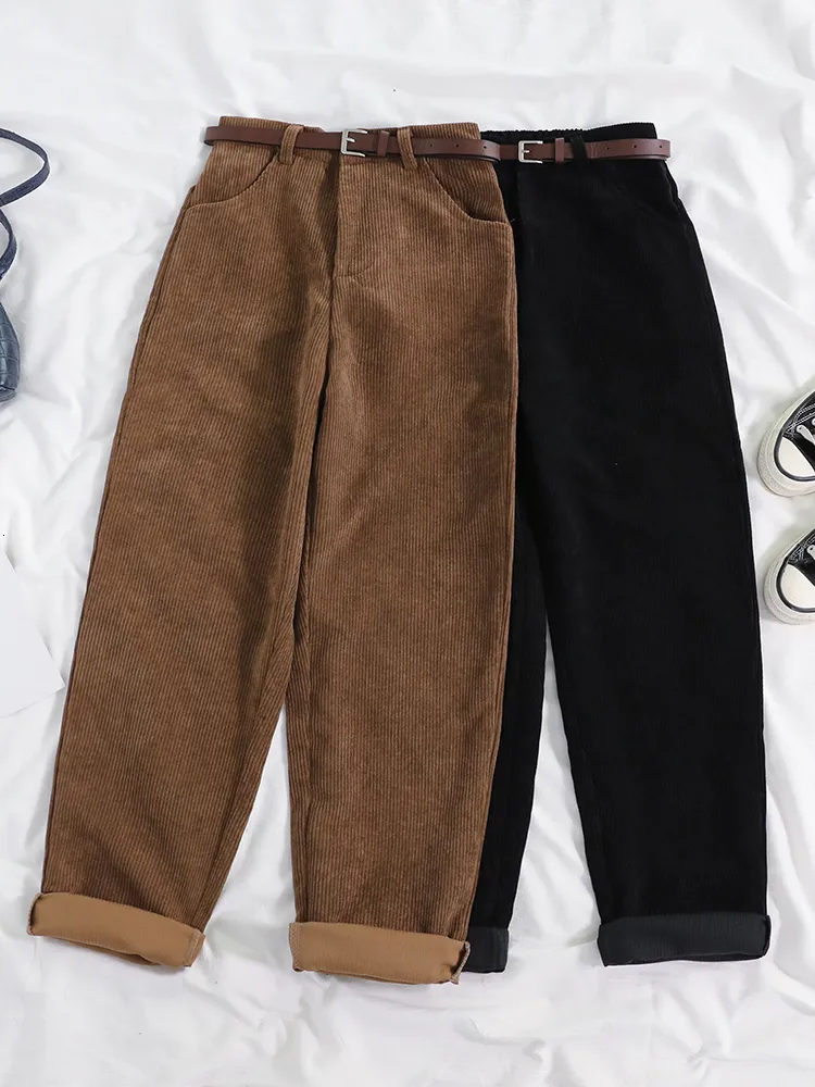 Damesbroek capris jmprs dames lent corduroy broek hoge taille herfst vintage Koreaanse casual brede poot broek elegante riem losse katoenen streetwear 230310